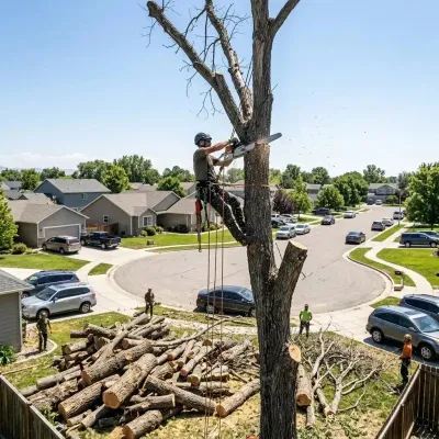 Arborist cutting tree from height with aerial view of Boise neighborhood below