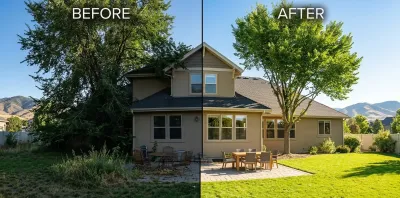 Before and after photo of backyard tree cleanup and yard transformation in Boise
