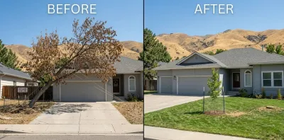 Before and after photo of dead tree removal at a Boise home with mountain backdrop