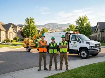 Boise Tree Pros crew of three standing in front of work truck and wood chipper