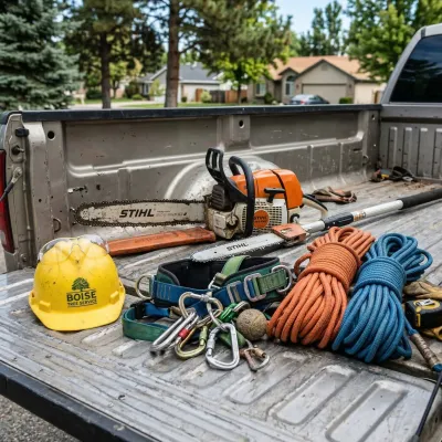 Professional tree care equipment including Stihl chainsaws climbing ropes and safety helmet on truck bed