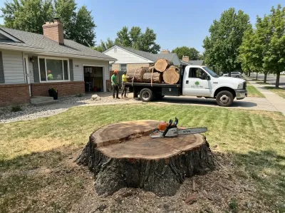 Large tree stump with chainsaw and flatbed truck loaded with logs at Boise residential job