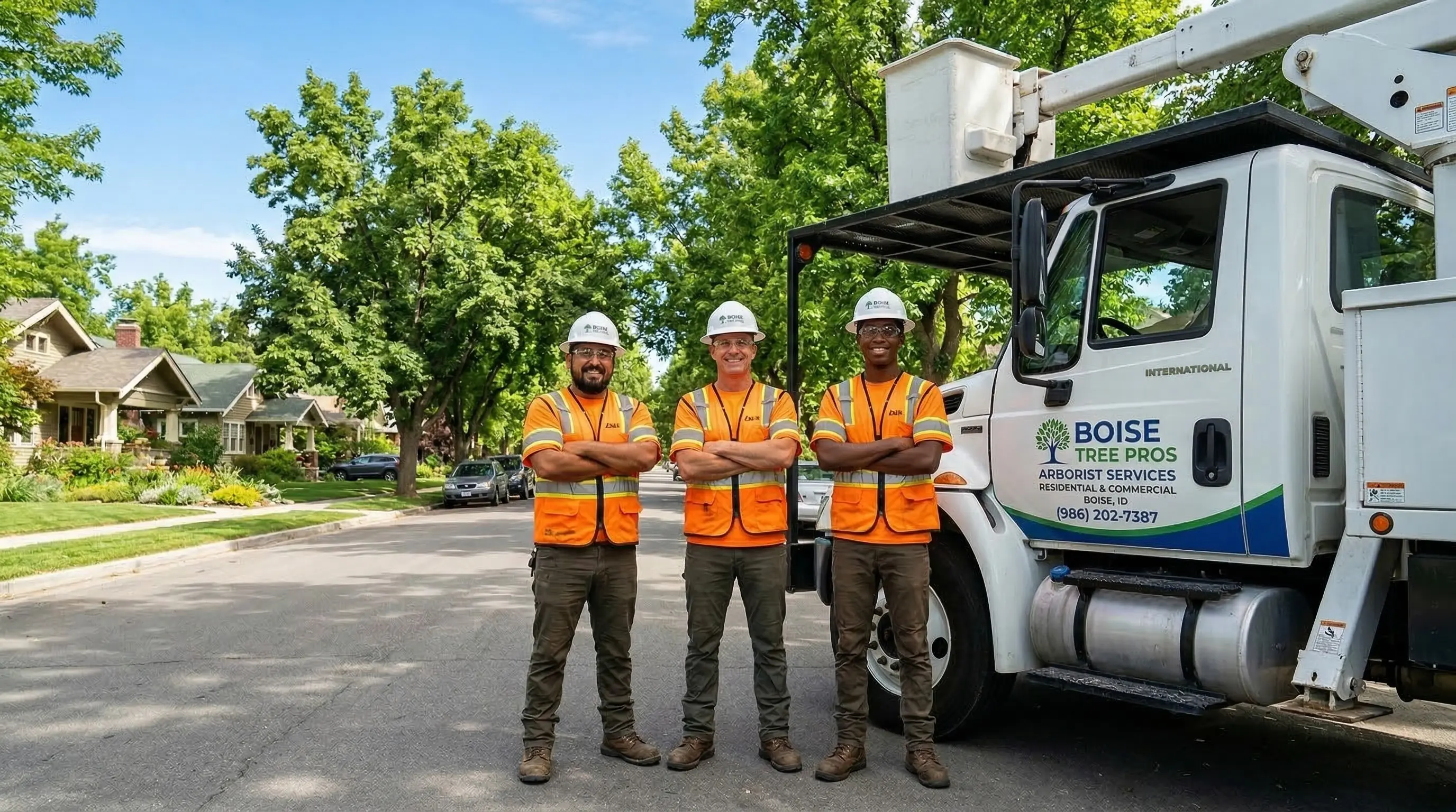 Boise Tree Pros arborist crew in safety gear standing with company truck
